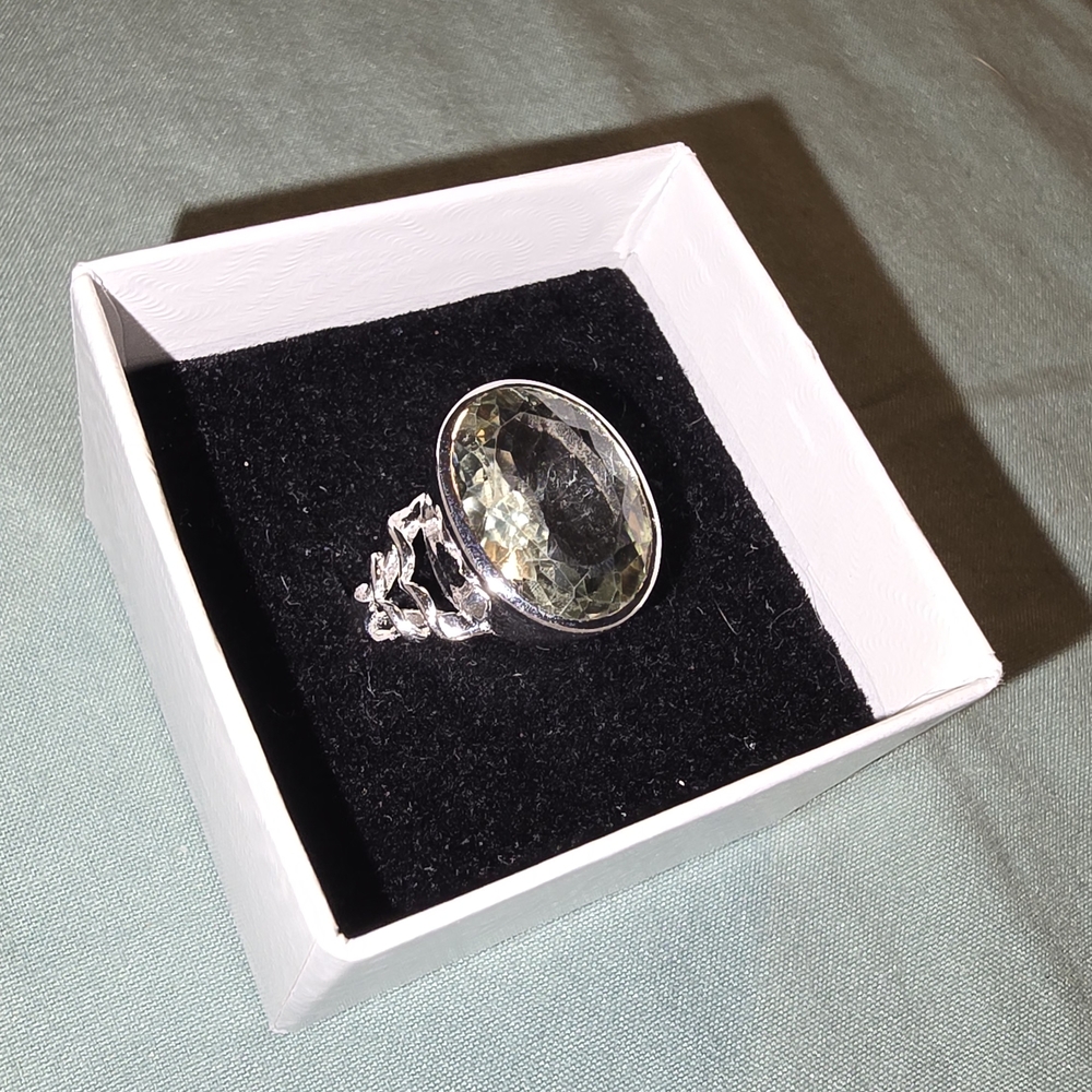 Silver Ring with Large Faceted Light Green Stone - Women Jewelry